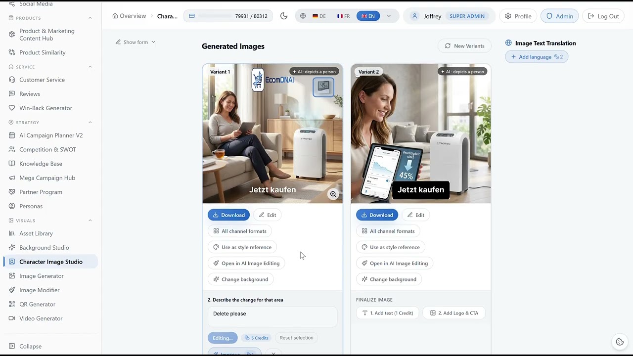 Editor de imágenes con original, opciones de edición y resultado