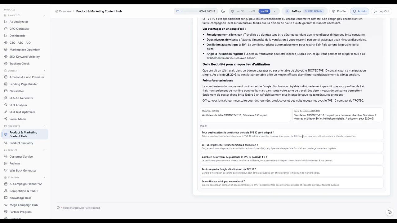 Content Hub con importazione del feed, impostazioni di testo e avanzamento della generazione