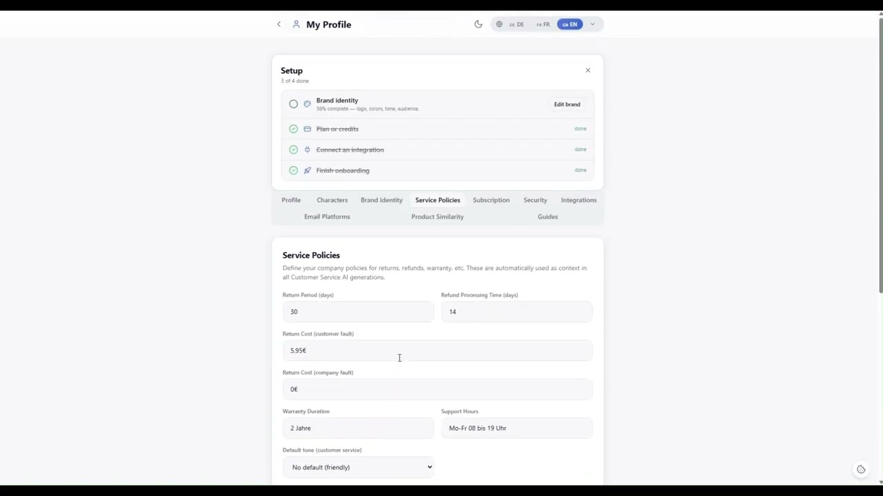 Hub assistenza clienti con schede FAQ, e-mail, recensioni e blocchi di testo