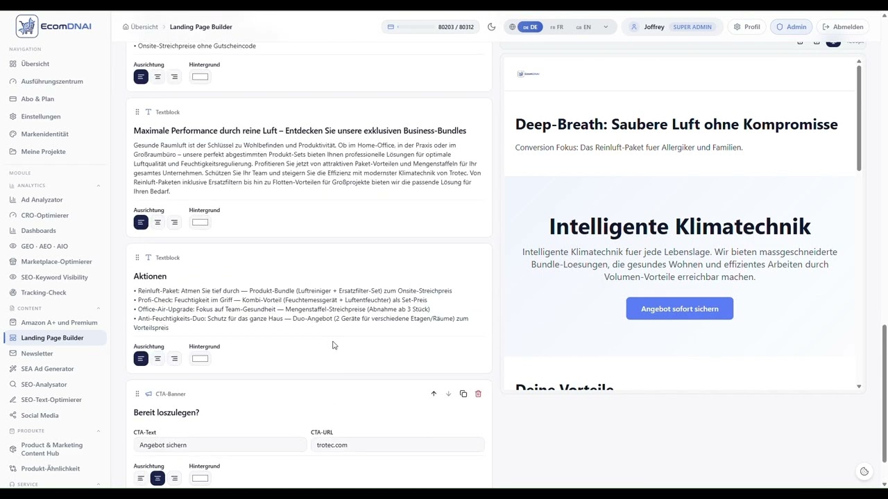 Constructor de landing page con la lista de bloques a la izquierda y la vista previa en directo a la derecha
