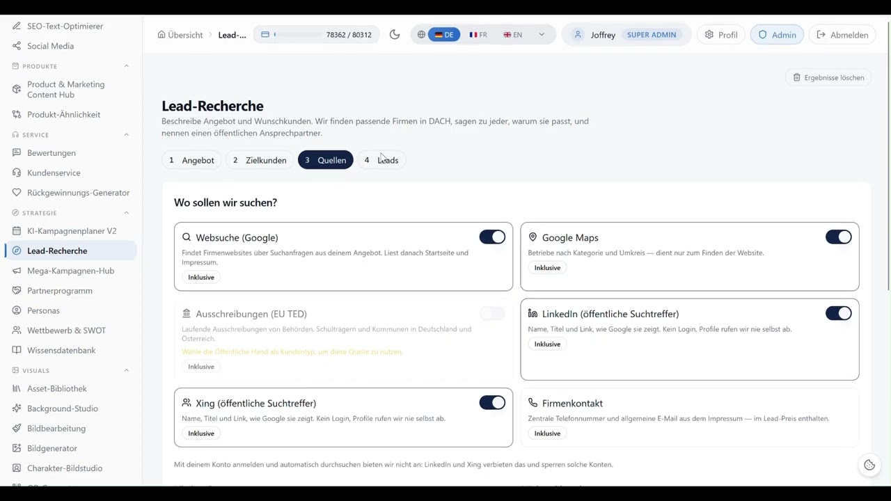 Lead-Recherche mit Trefferliste, Fit-Score und Anlass je Firma