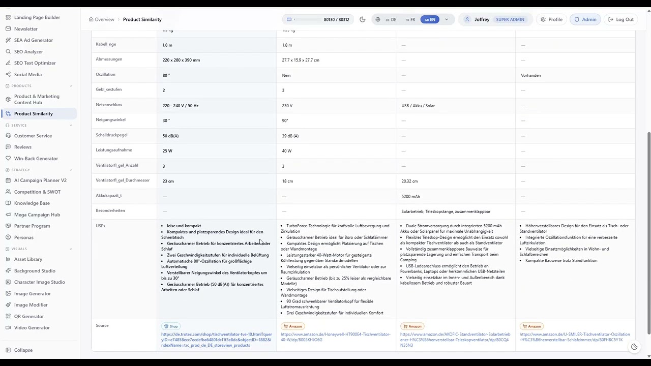 Confronto prodotti con classifica di similarità e raffronto affiancato
