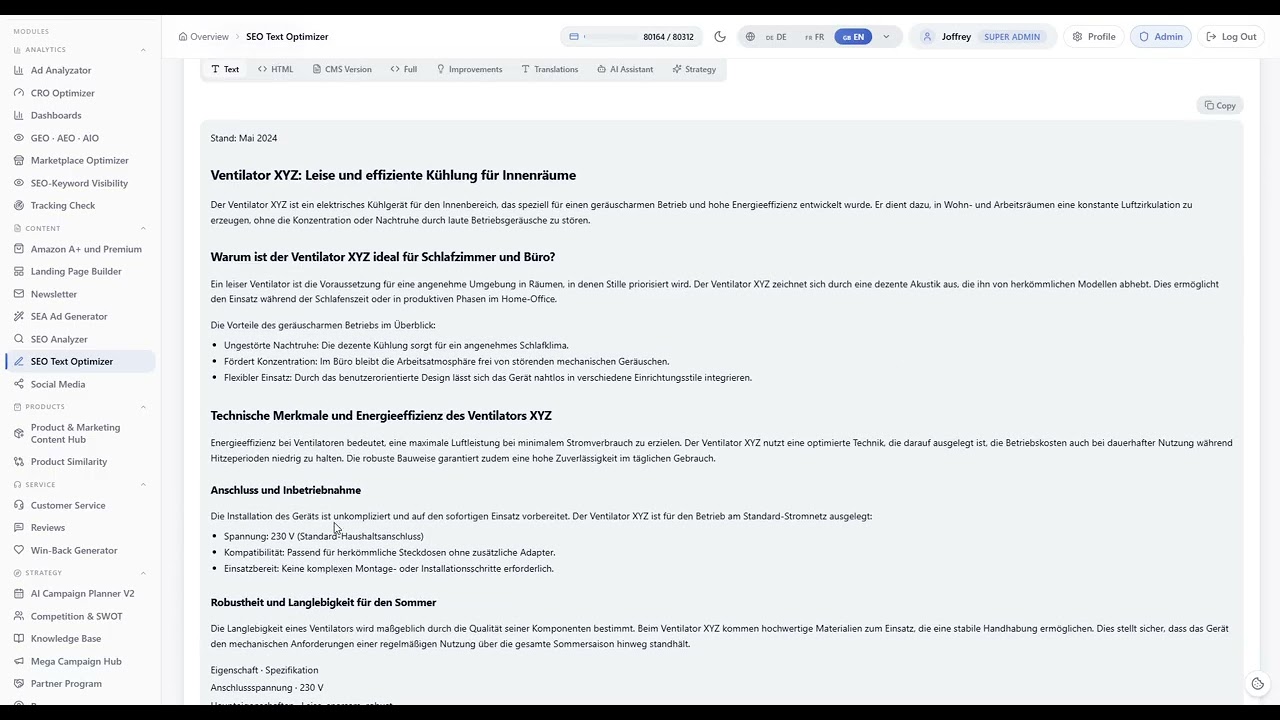 SEO-herschrijver met de originele tekst links en de geoptimaliseerde versie rechts